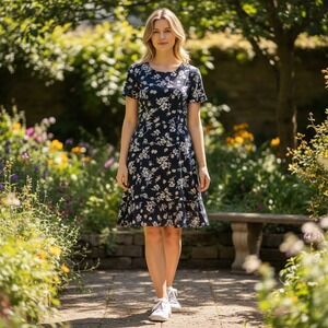 Randi May Floral Tiered Dress Womens 14 Navy Blue Tea Party Ruffle Short Sleeve